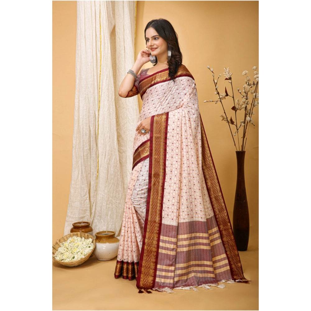 Generic Women's Soft Cotton Silk Printed Saree With Unstitched Blouse 5.5Mtr (Maroon) - MYLUXURY LANE ENTERPRISE