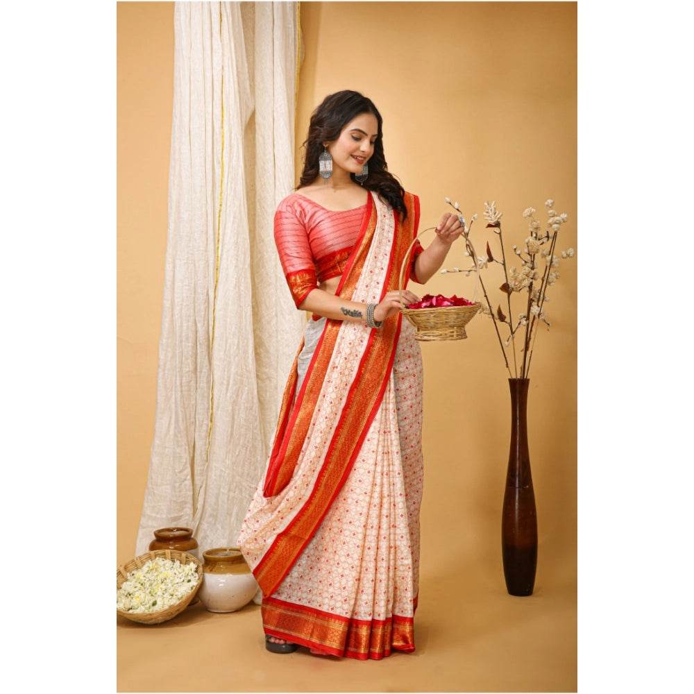 Generic Women's Soft Cotton Silk Printed Saree With Unstitched Blouse 5.5Mtr (Red) - MYLUXURY LANE ENTERPRISE