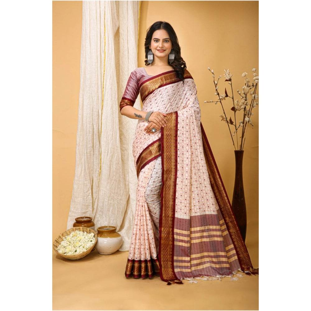 Generic Women's Soft Cotton Silk Printed Saree With Unstitched Blouse 5.5Mtr (Maroon) - MYLUXURY LANE ENTERPRISE