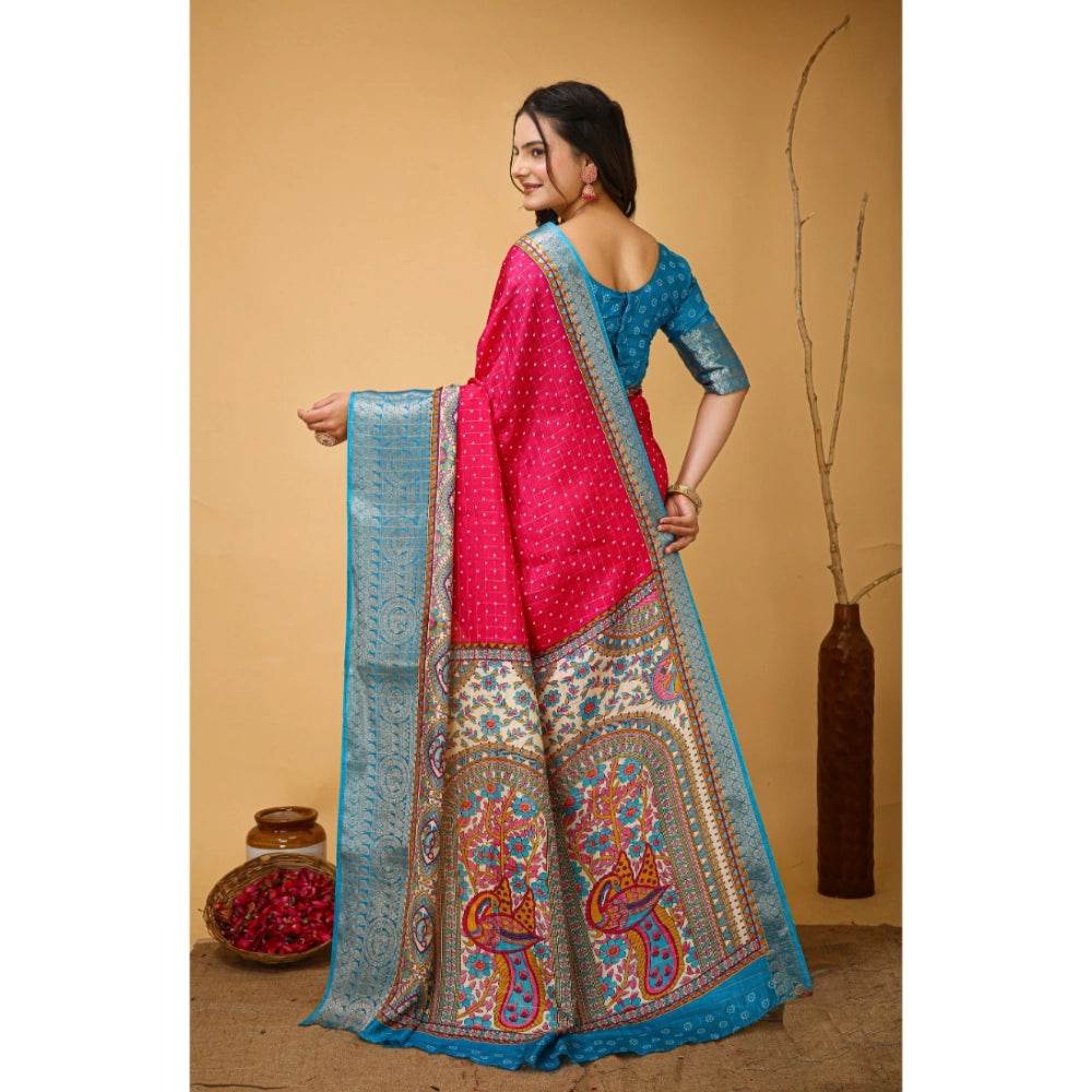 Generic Women's Soft Dola Cotton Kalamkari Printed Saree With Unstitched Blouse 5.5Mtr (Pink) - MYLUXURY LANE ENTERPRISE