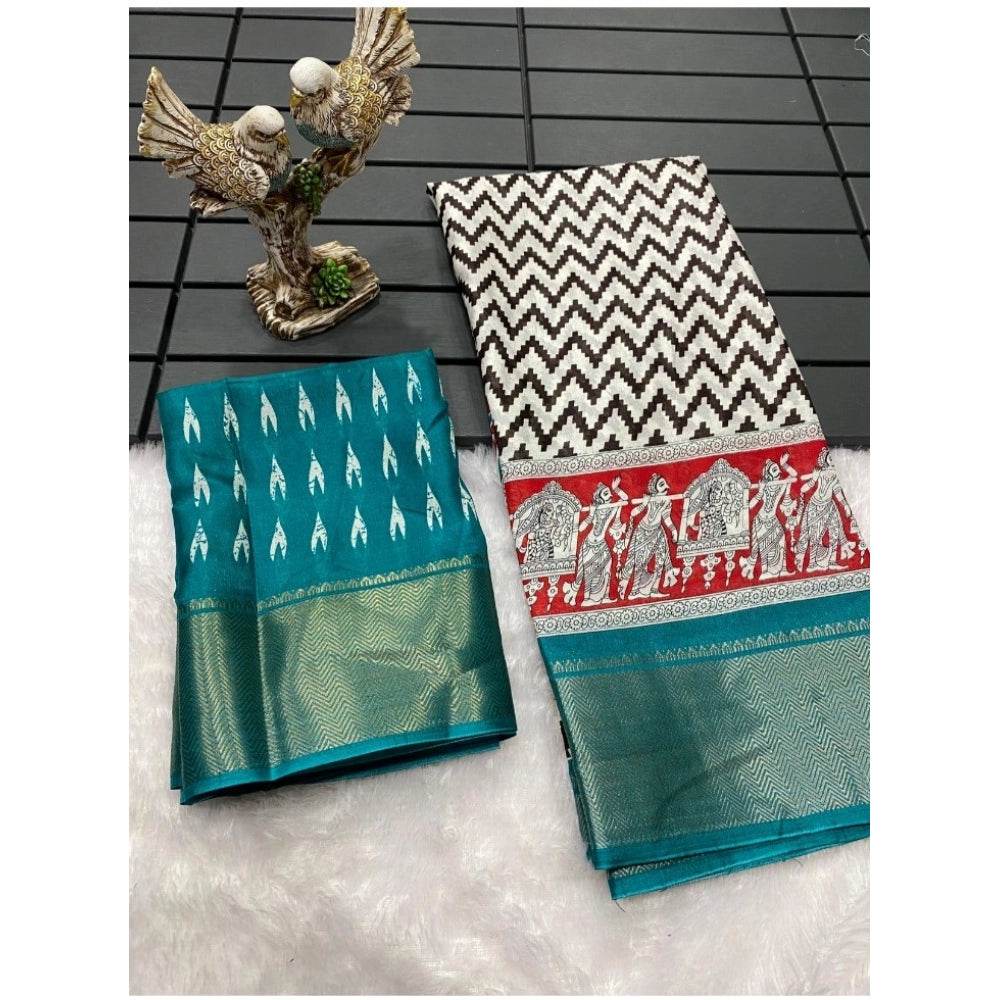 Generic Women's Soft Dola Cotton Kalamkari Printed Saree With Unstitched Blouse 5.5Mtr (Turquoise) - MYLUXURY LANE ENTERPRISE