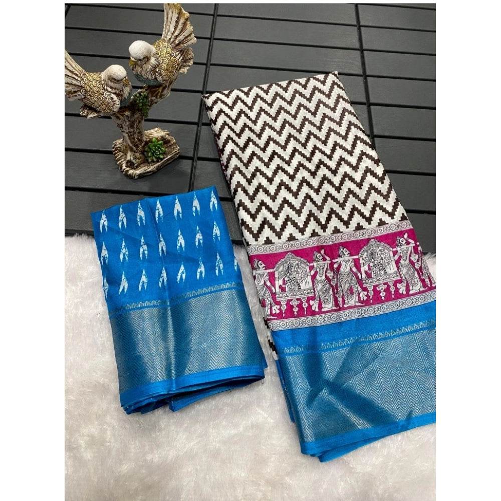 Generic Women's Soft Dola Cotton Kalamkari Printed Saree With Unstitched Blouse 5.5Mtr (Sky Blue) - MYLUXURY LANE ENTERPRISE