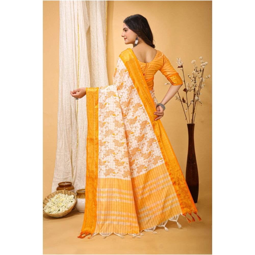 Generic Women's Soft Cotton Silk Printed Saree With Unstitched Blouse 5.5Mtr (Yellow) - MYLUXURY LANE ENTERPRISE