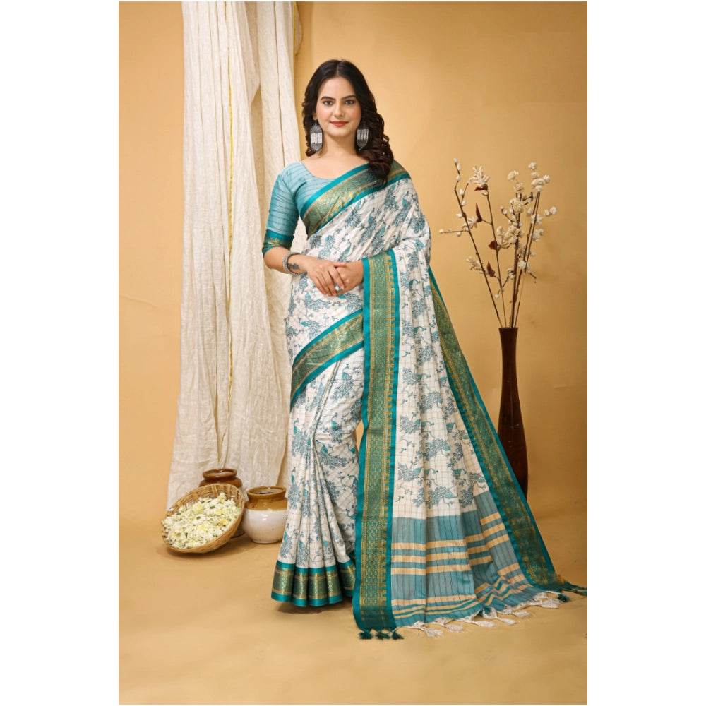 Generic Women's Soft Cotton Silk Printed Saree With Unstitched Blouse 5.5Mtr (Turquoise) - MYLUXURY LANE ENTERPRISE