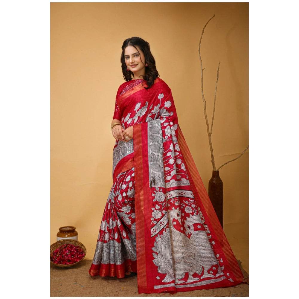 Generic Women's Soft Handloom Cotton Kalamkari Printed Saree With Unstitched Blouse 5.5Mtr (Pink) - MYLUXURY LANE ENTERPRISE