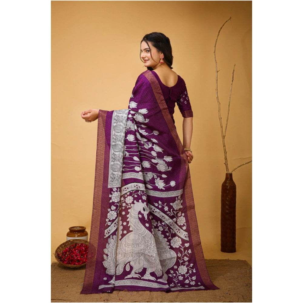 Generic Women's Soft Handloom Cotton Kalamkari Printed Saree With Unstitched Blouse 5.5Mtr (Purple) - MYLUXURY LANE ENTERPRISE
