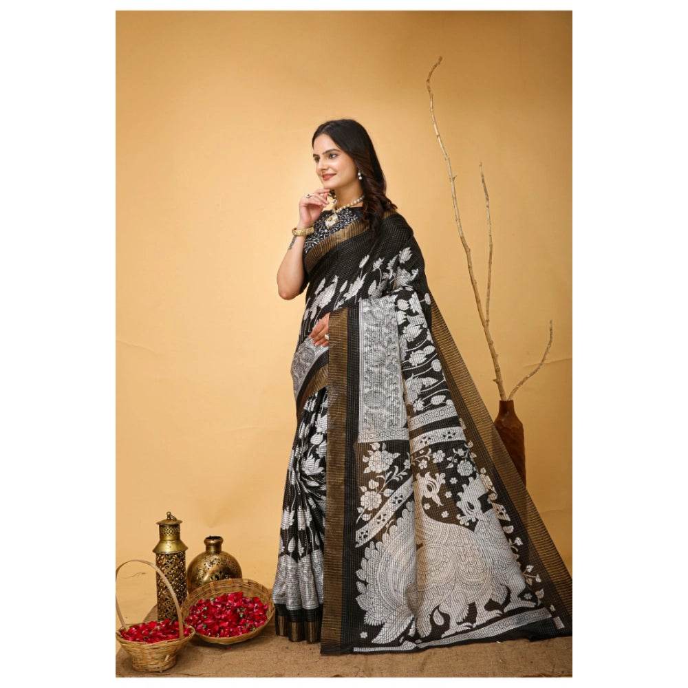 Generic Women's Soft Handloom Cotton Kalamkari Printed Saree With Unstitched Blouse 5.5Mtr (Black) - MYLUXURY LANE ENTERPRISE