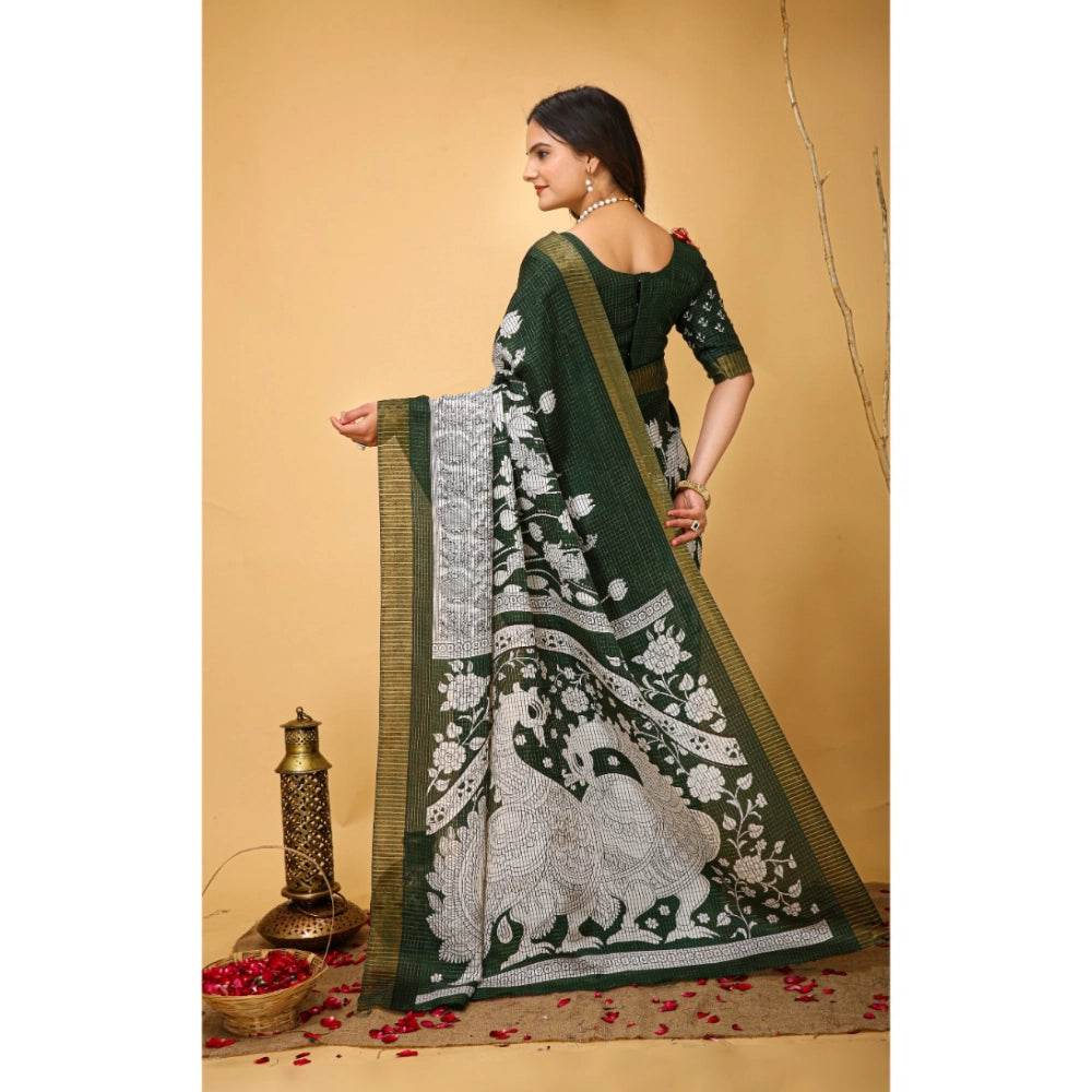 Generic Women's Soft Handloom Cotton Kalamkari Printed Saree With Unstitched Blouse 5.5Mtr (Green) - MYLUXURY LANE ENTERPRISE