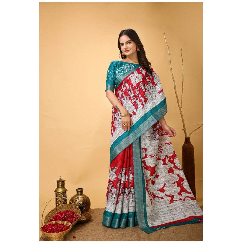 Generic Women's Soft Handloom Cotton Kalamkari Printed Saree With Unstitched Blouse 5.5Mtr (Red) - MYLUXURY LANE ENTERPRISE