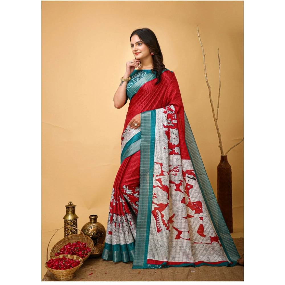 Generic Women's Soft Handloom Cotton Kalamkari Printed Saree With Unstitched Blouse 5.5Mtr (Red) - MYLUXURY LANE ENTERPRISE