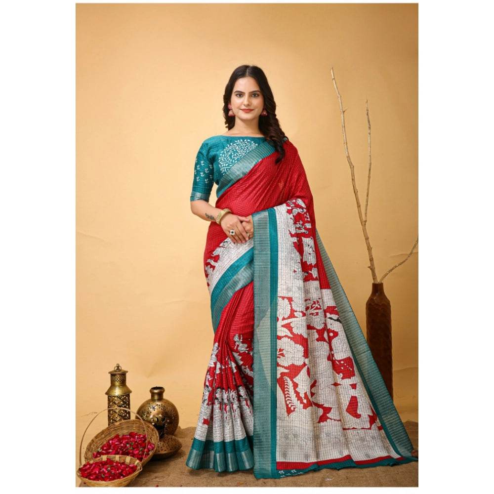 Generic Women's Soft Handloom Cotton Kalamkari Printed Saree With Unstitched Blouse 5.5Mtr (Red) - MYLUXURY LANE ENTERPRISE