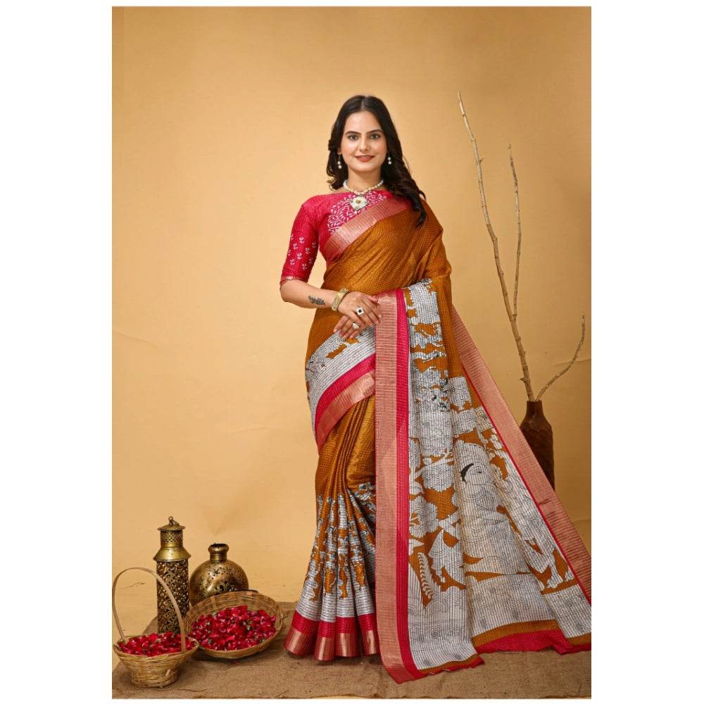 Generic Women's Soft Handloom Cotton Kalamkari Printed Saree With Unstitched Blouse 5.5Mtr (Mustard) - MYLUXURY LANE ENTERPRISE