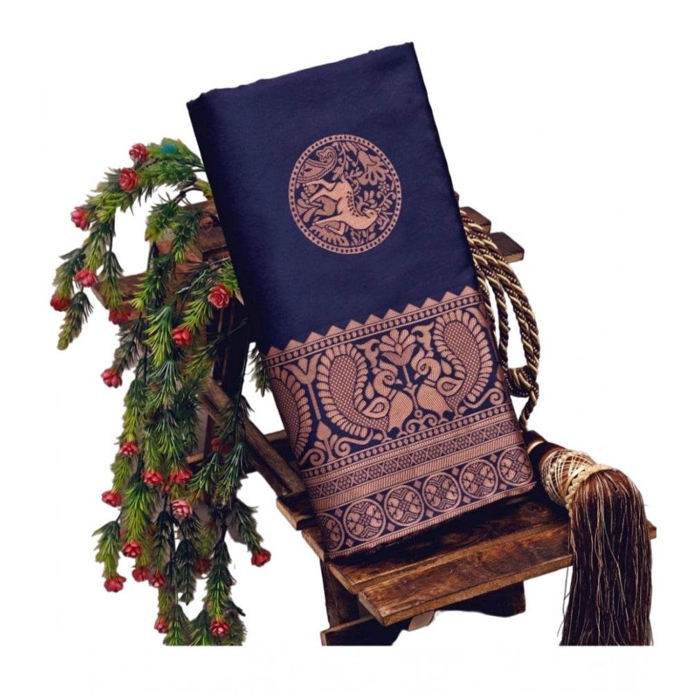 Generic Women's Soft Lichi Silk Printed Saree With Unstitched Blouse 5.5Mtr (Navy Blue) - MYLUXURY LANE ENTERPRISE