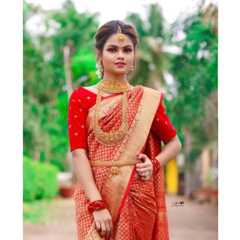 Generic Women's Soft Lichi Silk Printed Saree With Unstitched Blouse 5.5Mtr (Red) - MYLUXURY LANE ENTERPRISE