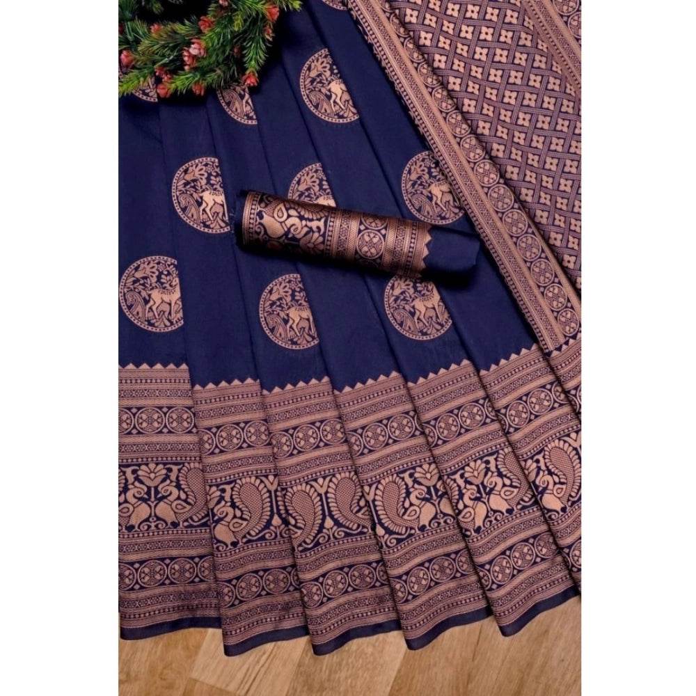 Generic Women's Soft Lichi Silk Printed Saree With Unstitched Blouse 5.5Mtr (Navy Blue) - MYLUXURY LANE ENTERPRISE