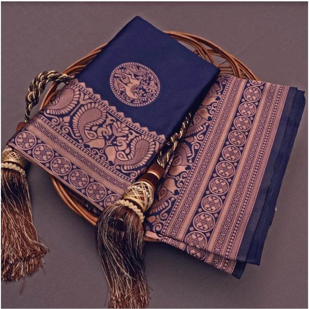 Generic Women's Soft Lichi Silk Printed Saree With Unstitched Blouse 5.5Mtr (Navy Blue) - MYLUXURY LANE ENTERPRISE