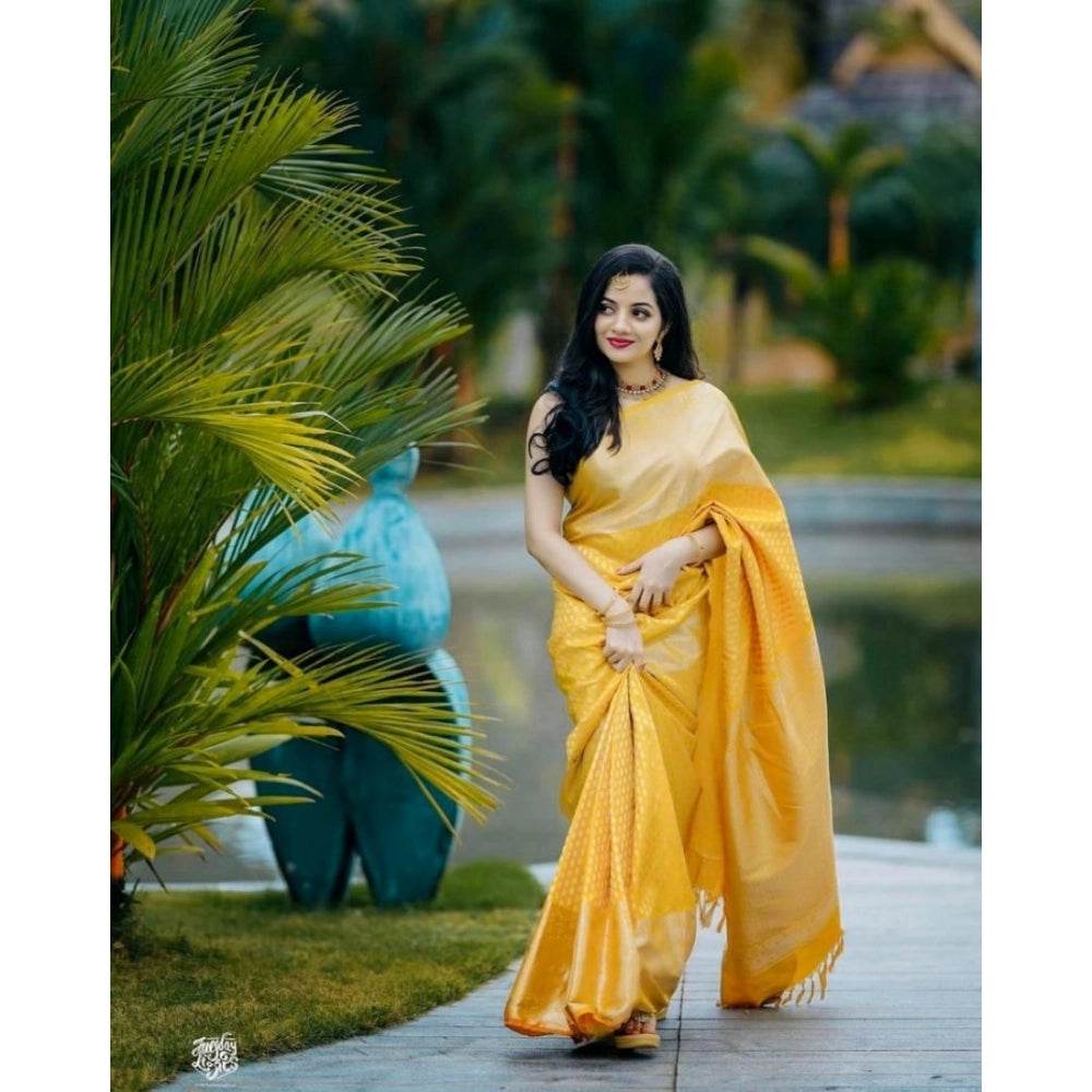 Generic Women's Soft Lichi Silk Printed Saree With Unstitched Blouse 5.5Mtr (Yellow) - MYLUXURY LANE ENTERPRISE