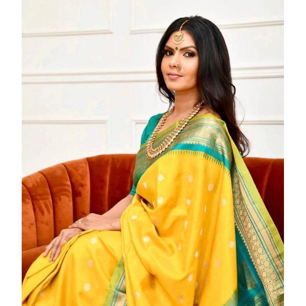Generic Women's Soft Lichi Silk Printed Saree With Unstitched Blouse 5.5Mtr (Yellow) - MYLUXURY LANE ENTERPRISE