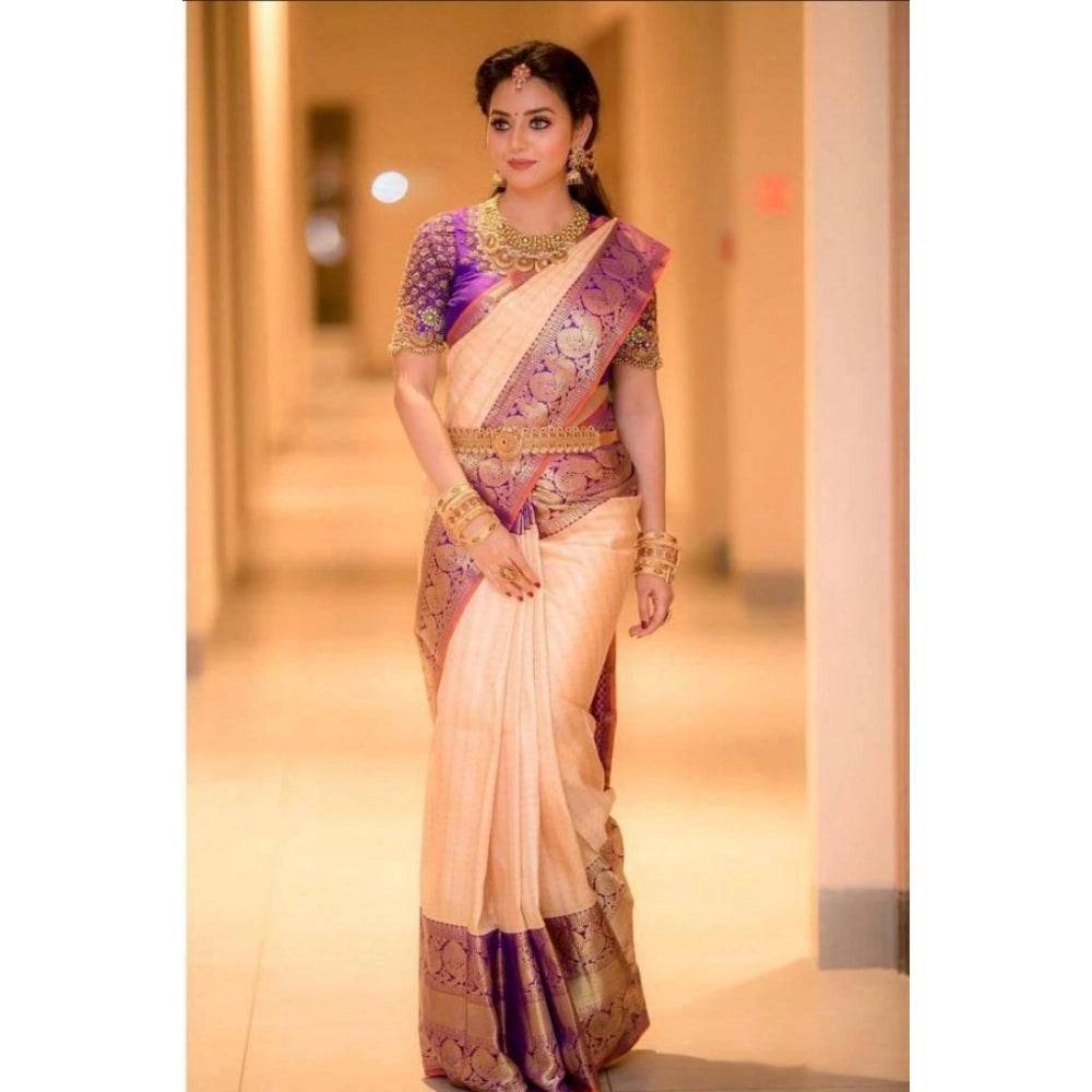 Generic Women's Soft Lichi Silk Printed Saree With Unstitched Blouse 5.5Mtr (Purple) - MYLUXURY LANE ENTERPRISE