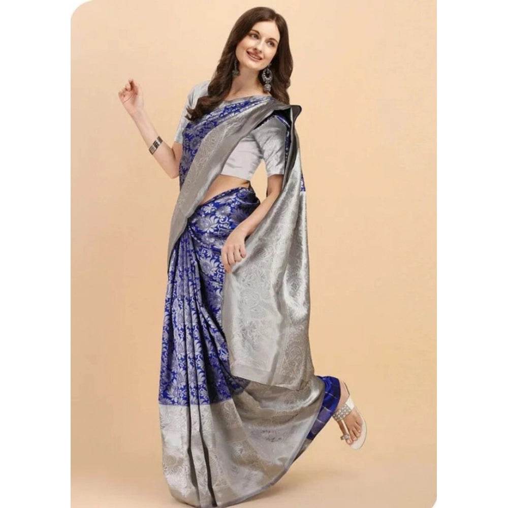 Generic Women's Soft Lichi Silk Printed Saree With Unstitched Blouse 5.5Mtr (Blue) - MYLUXURY LANE ENTERPRISE