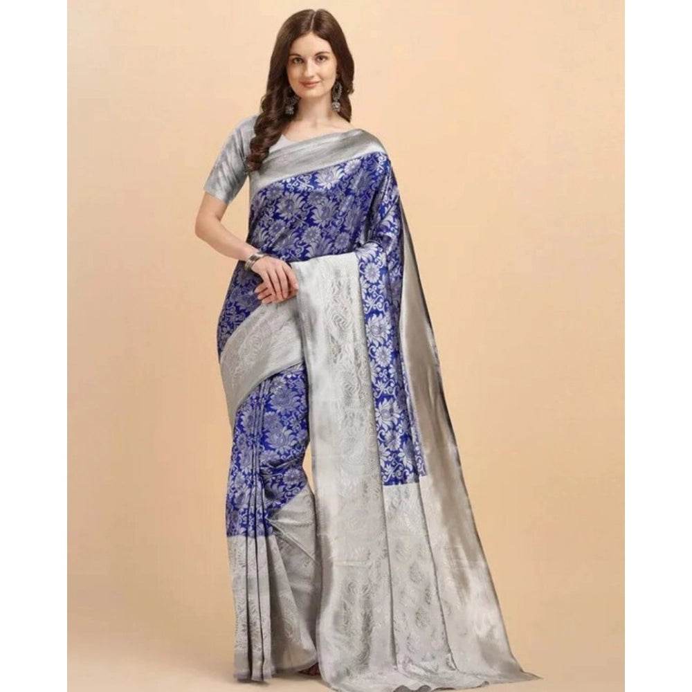 Generic Women's Soft Lichi Silk Printed Saree With Unstitched Blouse 5.5Mtr (Blue) - MYLUXURY LANE ENTERPRISE