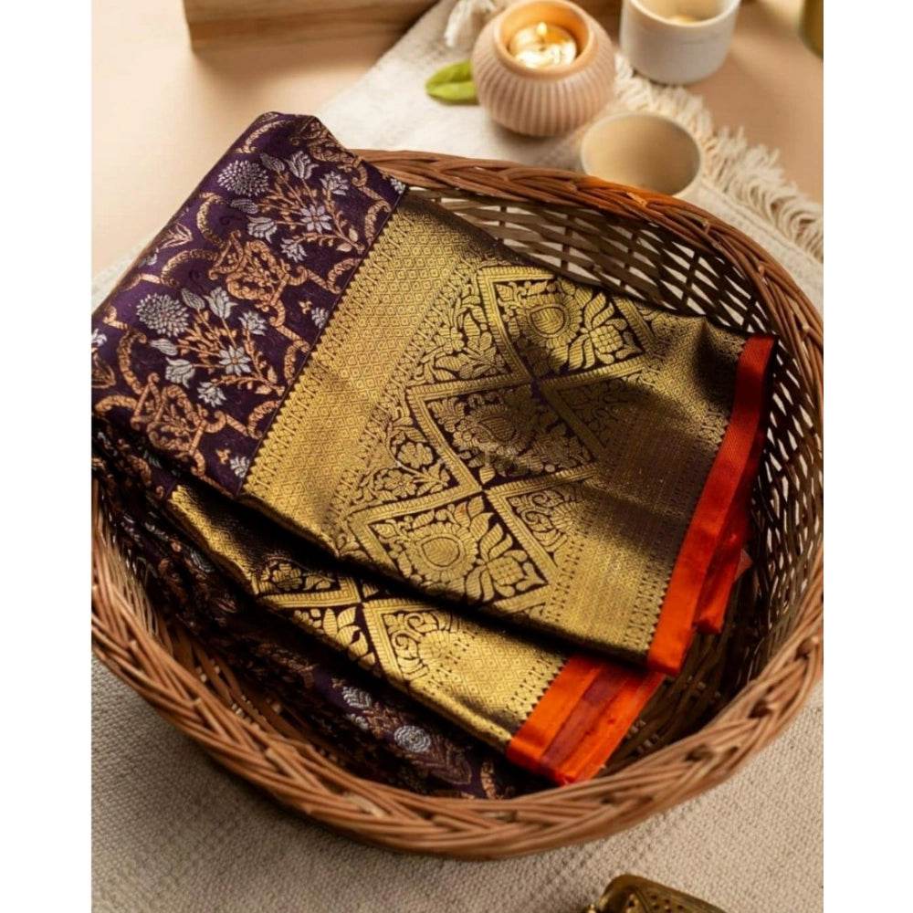 Generic Women's Soft Lichi Silk Printed Saree With Unstitched Blouse 5.5Mtr (Purple) - MYLUXURY LANE ENTERPRISE