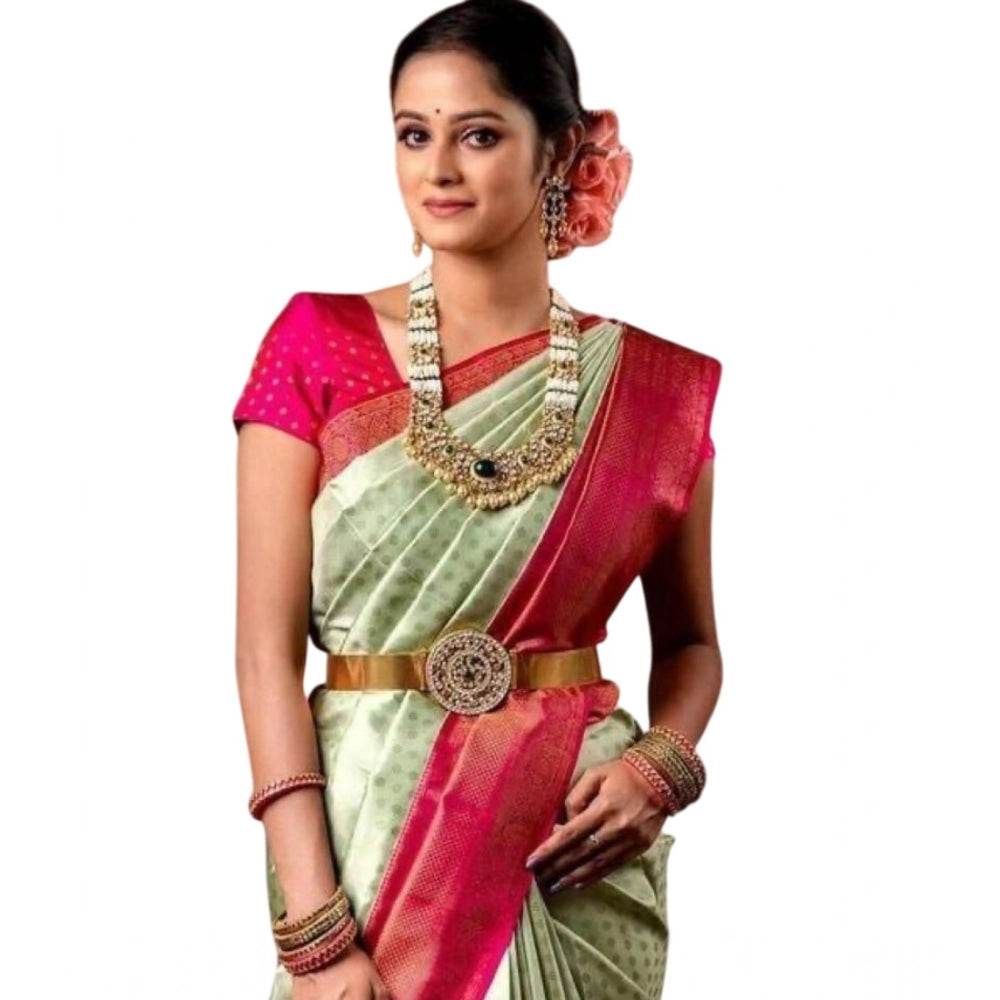 Generic Women's Soft Lichi Silk Printed Saree With Unstitched Blouse 5.5Mtr (Light Green) - MYLUXURY LANE ENTERPRISE