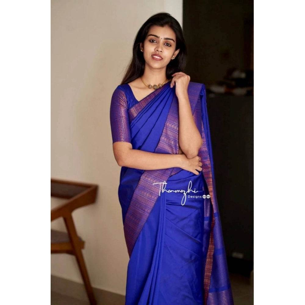 Generic Women's Soft Lichi Silk Solid Saree With Unstitched Blouse 5.5Mtr (Blue) - MYLUXURY LANE ENTERPRISE