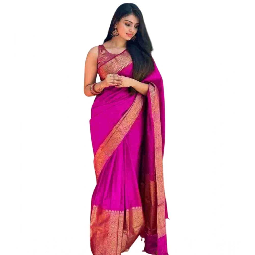 Generic Women's Soft Lichi Silk Solid Saree With Unstitched Blouse 5.5Mtr (Pink) - MYLUXURY LANE ENTERPRISE