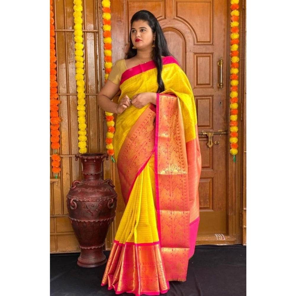 Generic Women's Soft Lichi Silk Printed Saree With Unstitched Blouse 5.5Mtr (Yellow) - MYLUXURY LANE ENTERPRISE
