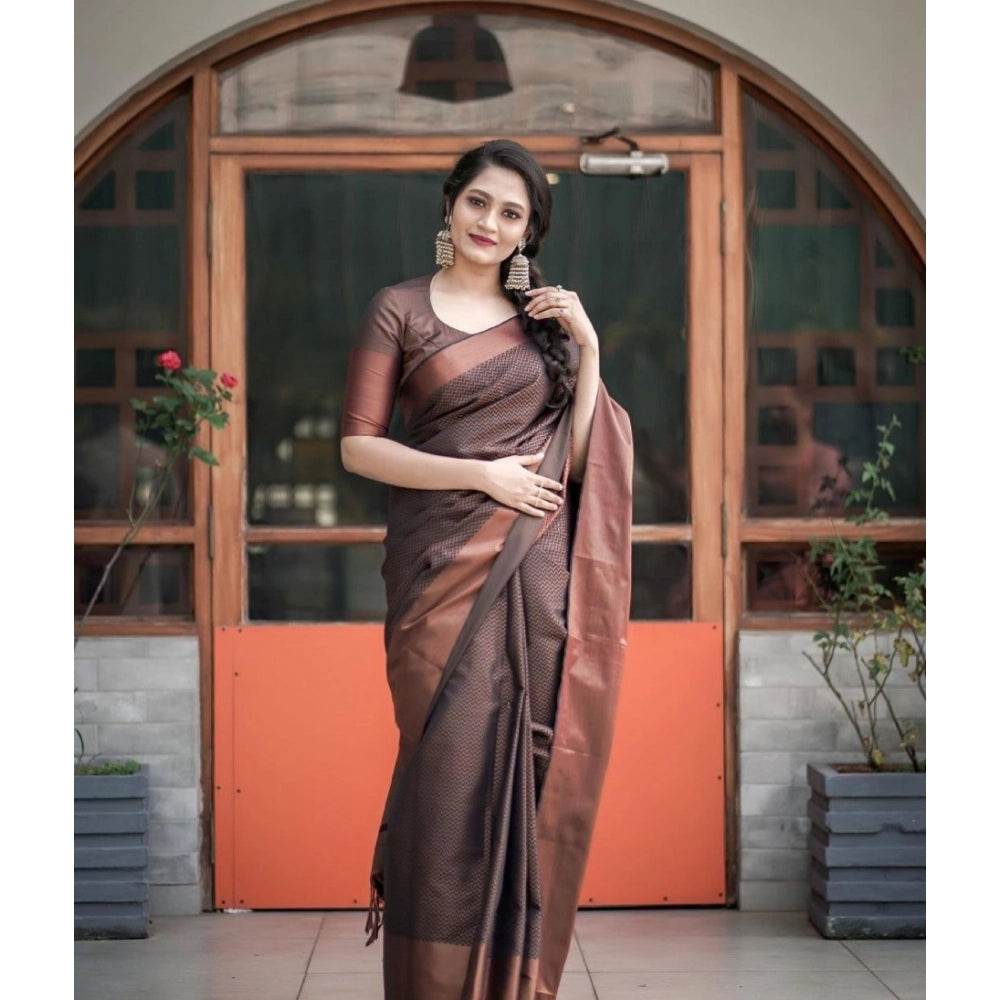 Generic Women's Soft Lichi Silk Printed Saree With Unstitched Blouse 5.5Mtr (Brown) - MYLUXURY LANE ENTERPRISE