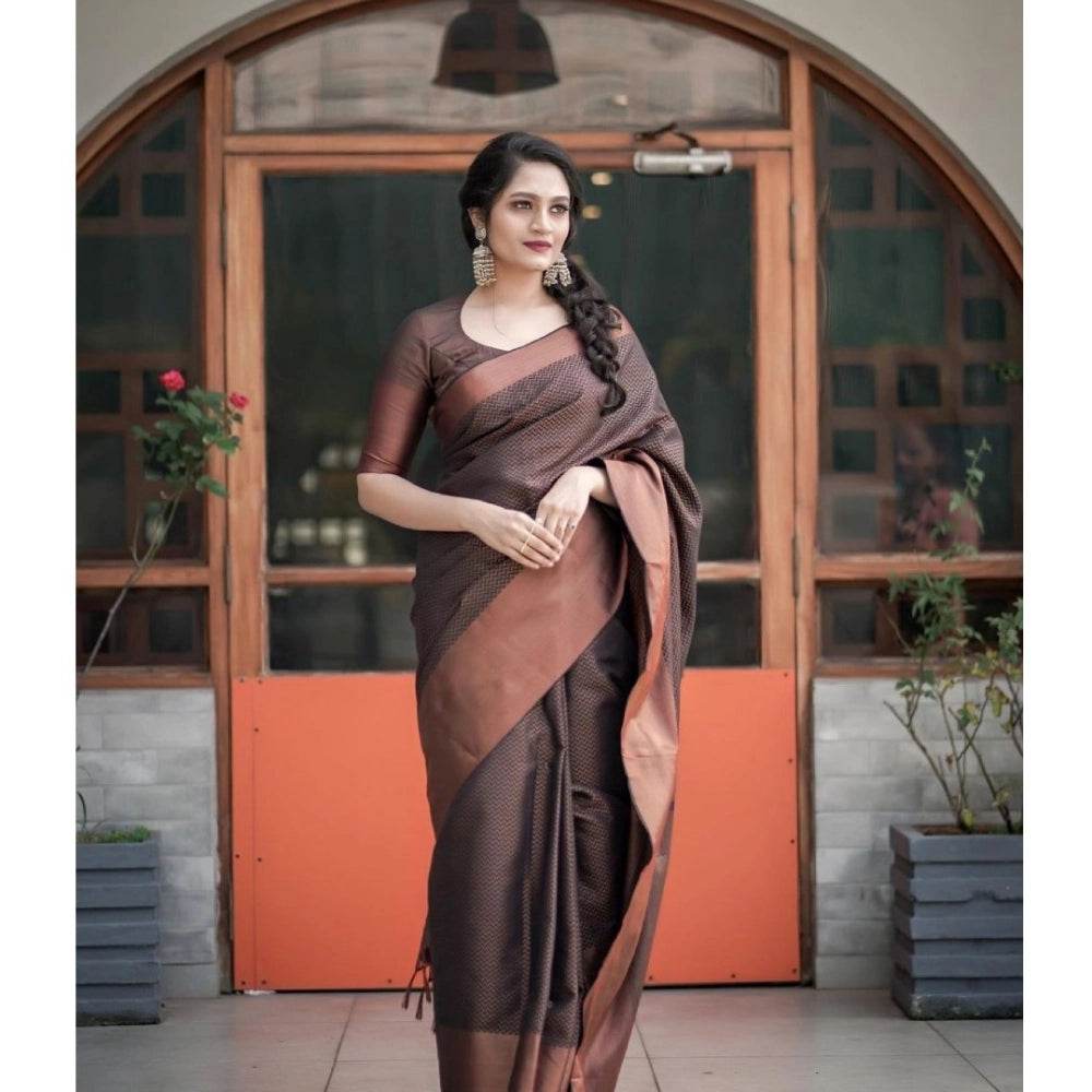 Generic Women's Soft Lichi Silk Printed Saree With Unstitched Blouse 5.5Mtr (Brown) - MYLUXURY LANE ENTERPRISE