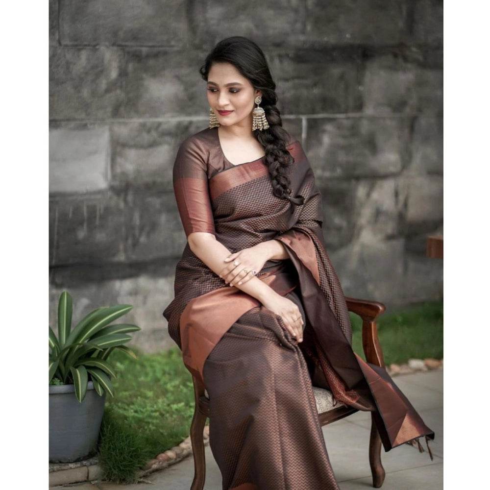 Generic Women's Soft Lichi Silk Printed Saree With Unstitched Blouse 5.5Mtr (Brown) - MYLUXURY LANE ENTERPRISE