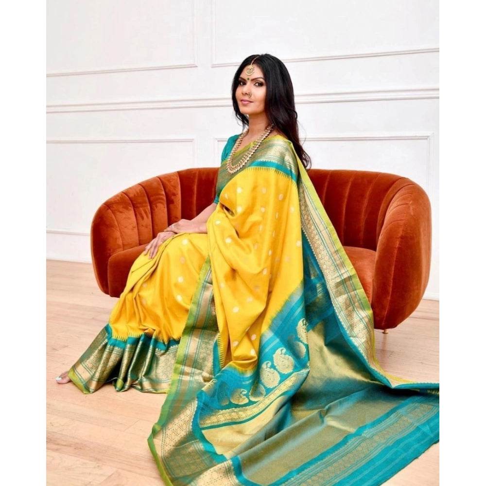 Generic Women's Soft Lichi Silk Printed Saree With Unstitched Blouse 5.5Mtr (Yellow) - MYLUXURY LANE ENTERPRISE