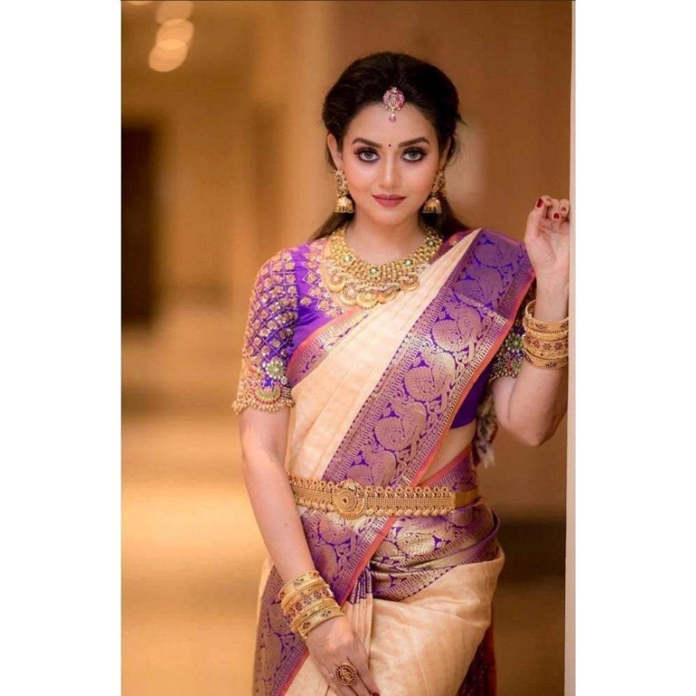 Generic Women's Soft Lichi Silk Printed Saree With Unstitched Blouse 5.5Mtr (Purple) - MYLUXURY LANE ENTERPRISE