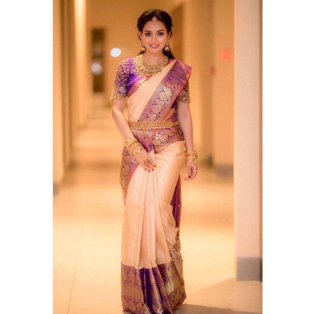 Generic Women's Soft Lichi Silk Printed Saree With Unstitched Blouse 5.5Mtr (Purple) - MYLUXURY LANE ENTERPRISE