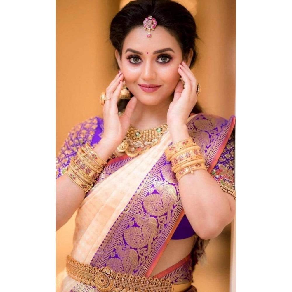 Generic Women's Soft Lichi Silk Printed Saree With Unstitched Blouse 5.5Mtr (Purple) - MYLUXURY LANE ENTERPRISE