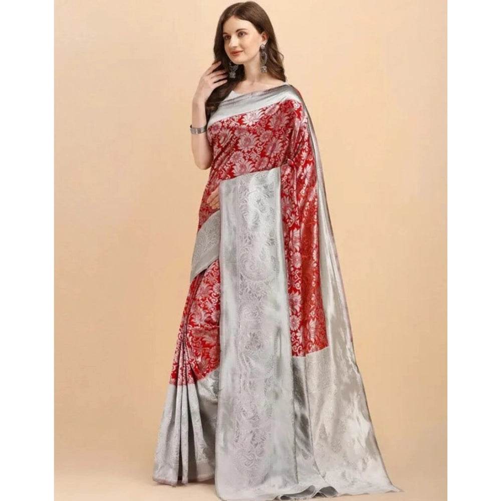 Generic Women's Soft Lichi Silk Printed Saree With Unstitched Blouse 5.5Mtr (Red) - MYLUXURY LANE ENTERPRISE