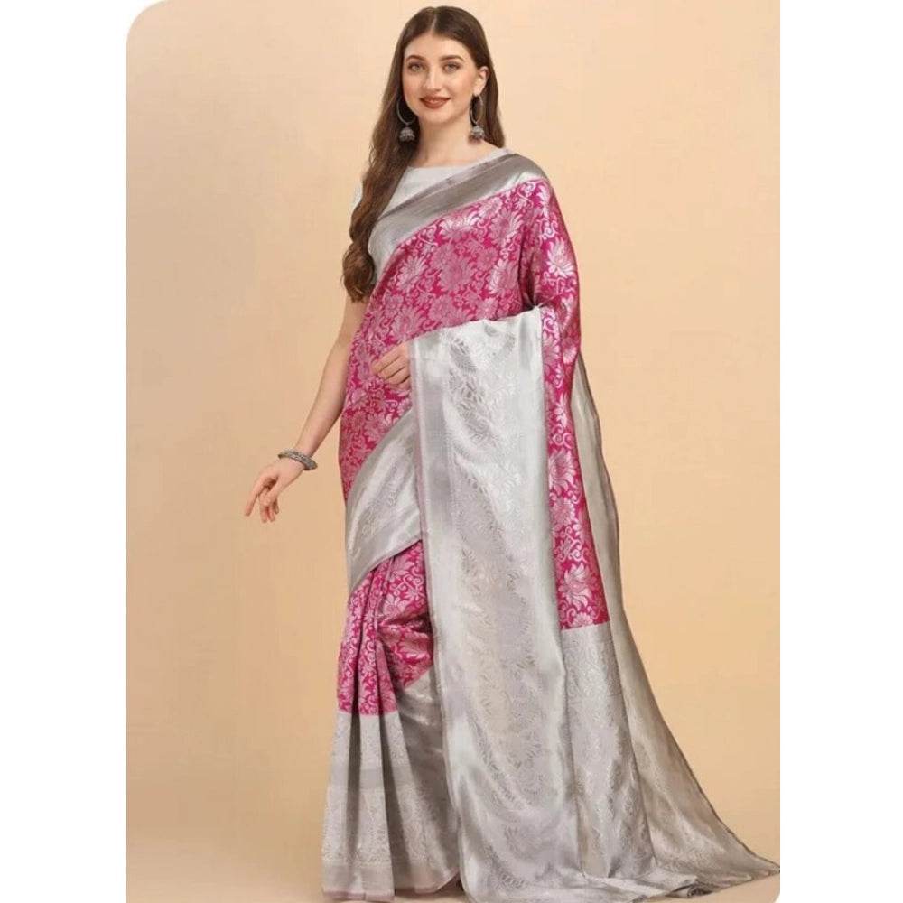 Generic Women's Soft Lichi Silk Printed Saree With Unstitched Blouse 5.5Mtr (Pink) - MYLUXURY LANE ENTERPRISE