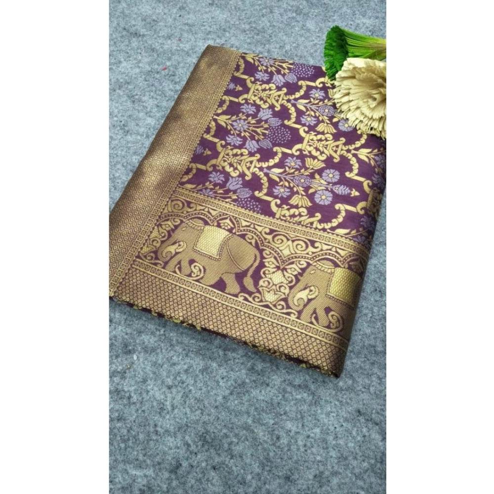 Generic Women's Soft Lichi Silk Printed Saree With Unstitched Blouse 5.5Mtr (Purple) - MYLUXURY LANE ENTERPRISE