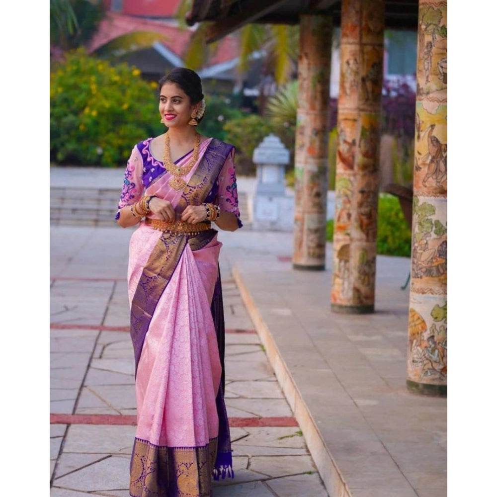 Generic Women's Soft Lichi Silk Printed Saree With Unstitched Blouse 5.5Mtr (Purple) - MYLUXURY LANE ENTERPRISE