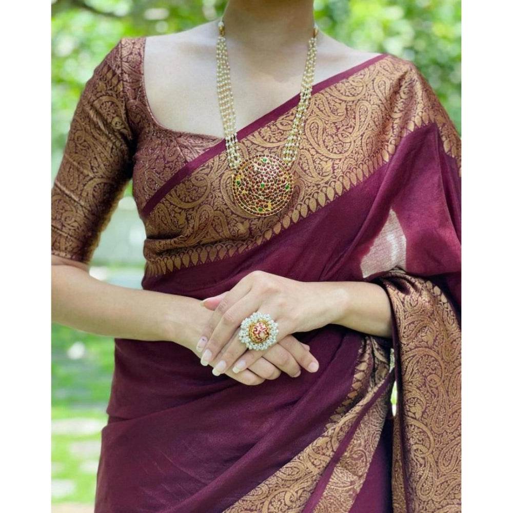 Generic Women's Soft Lichi Silk Solid Saree With Unstitched Blouse 5.5Mtr (Maroon) - MYLUXURY LANE ENTERPRISE