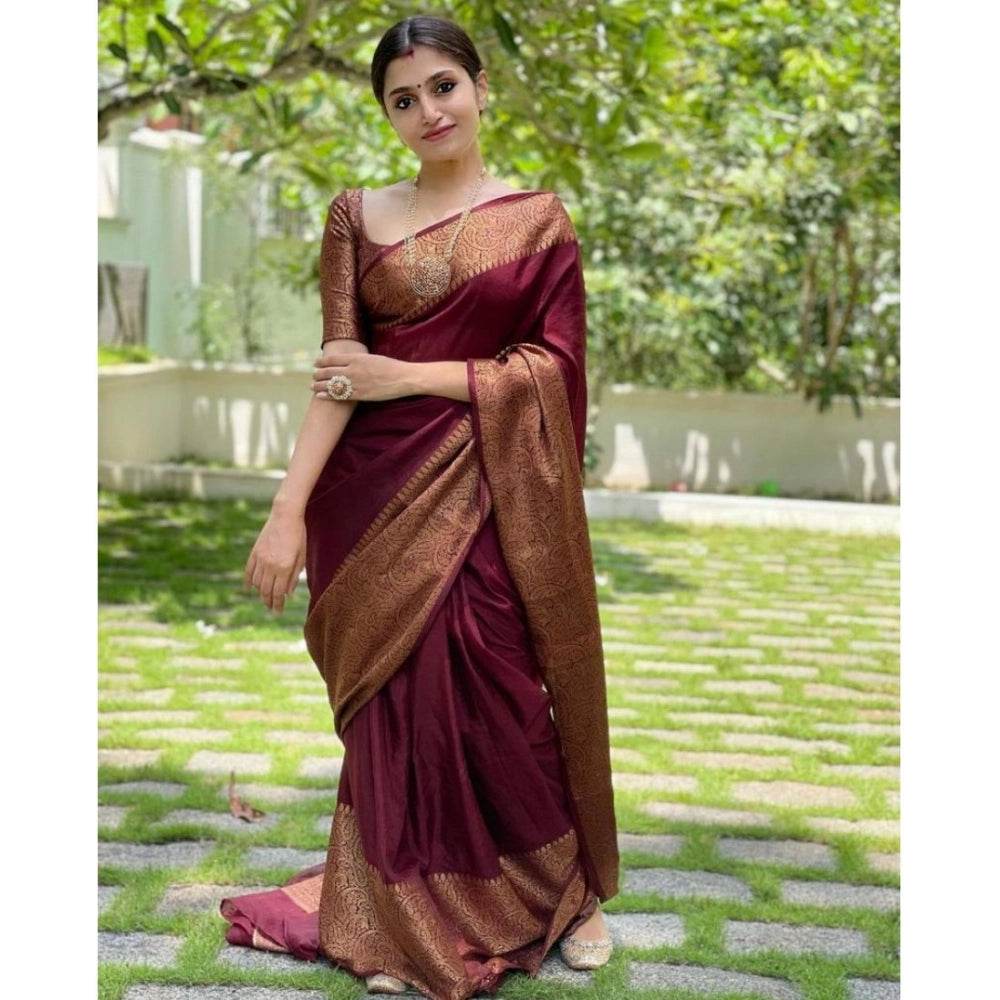 Generic Women's Soft Lichi Silk Solid Saree With Unstitched Blouse 5.5Mtr (Maroon) - MYLUXURY LANE ENTERPRISE