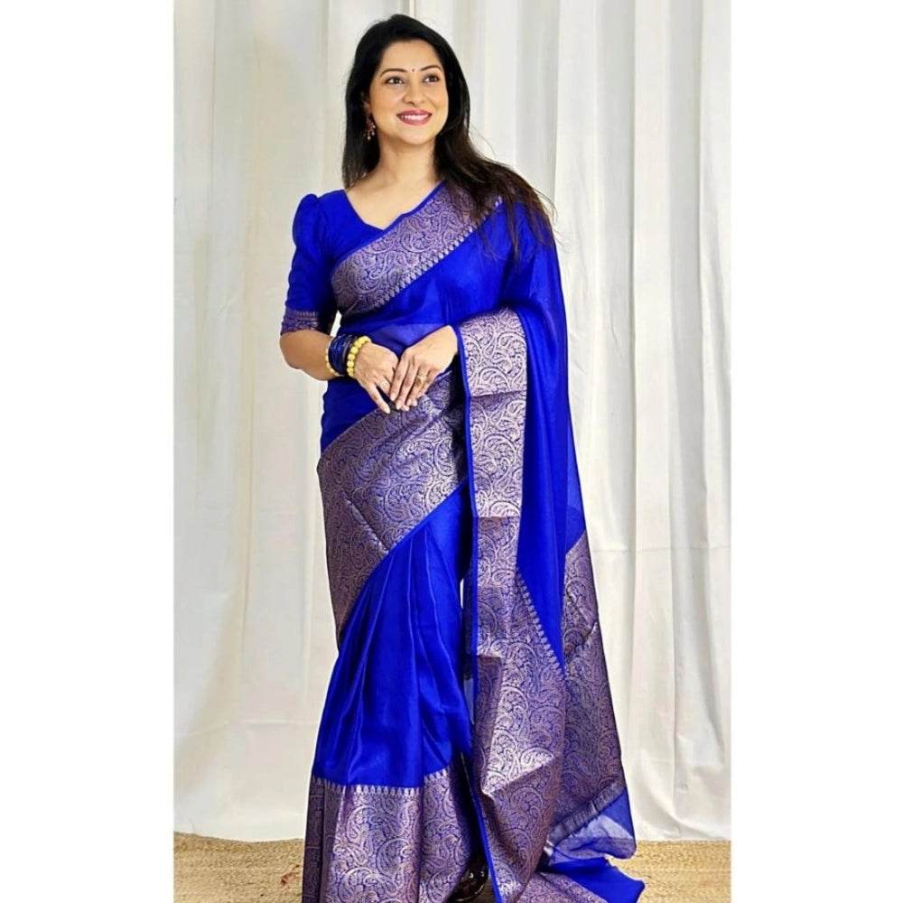 Generic Women's Soft Lichi Silk Solid Saree With Unstitched Blouse 5.5Mtr (Blue) - MYLUXURY LANE ENTERPRISE