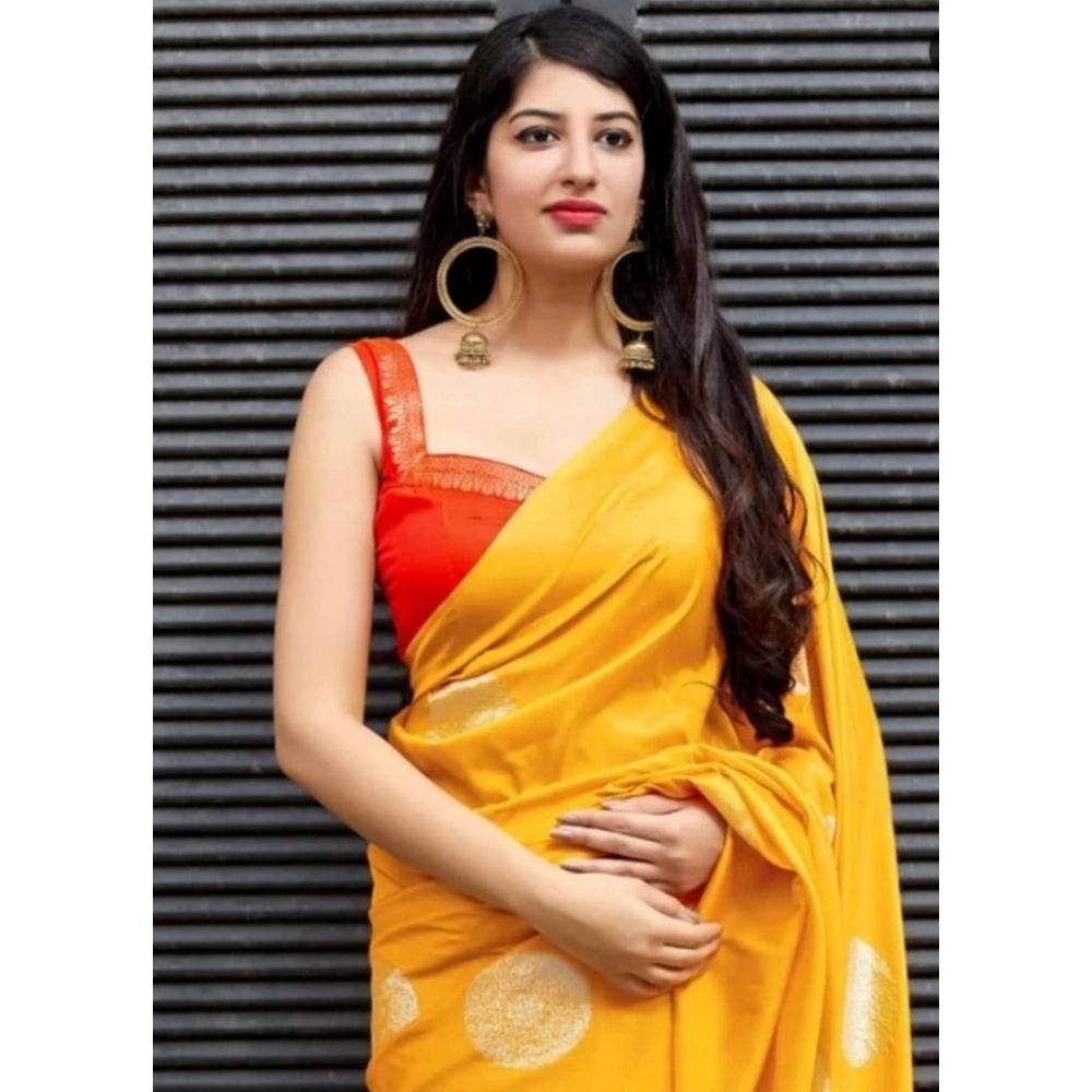 Generic Women's Soft Lichi Silk Printed Saree With Unstitched Blouse 5.5Mtr (Yellow) - MYLUXURY LANE ENTERPRISE