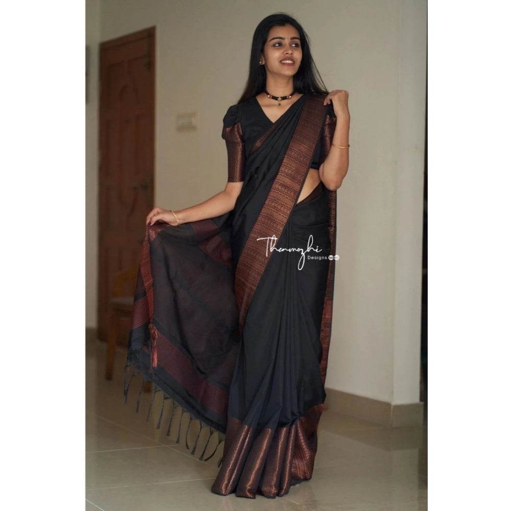 Generic Women's Soft Lichi Silk Solid Saree With Unstitched Blouse 5.5Mtr (Black) - MYLUXURY LANE ENTERPRISE