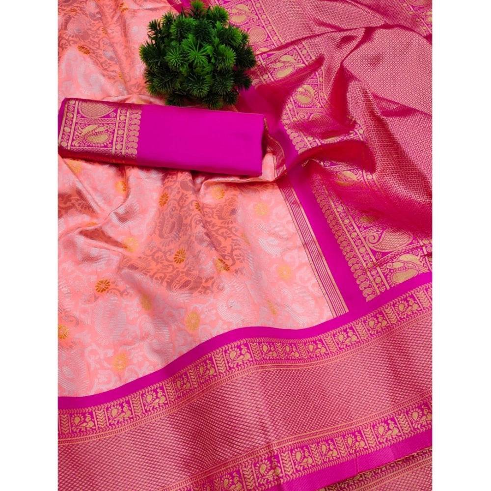 Generic Women's Soft Lichi Silk Printed Saree With Unstitched Blouse 5.5Mtr (Pink) - MYLUXURY LANE ENTERPRISE