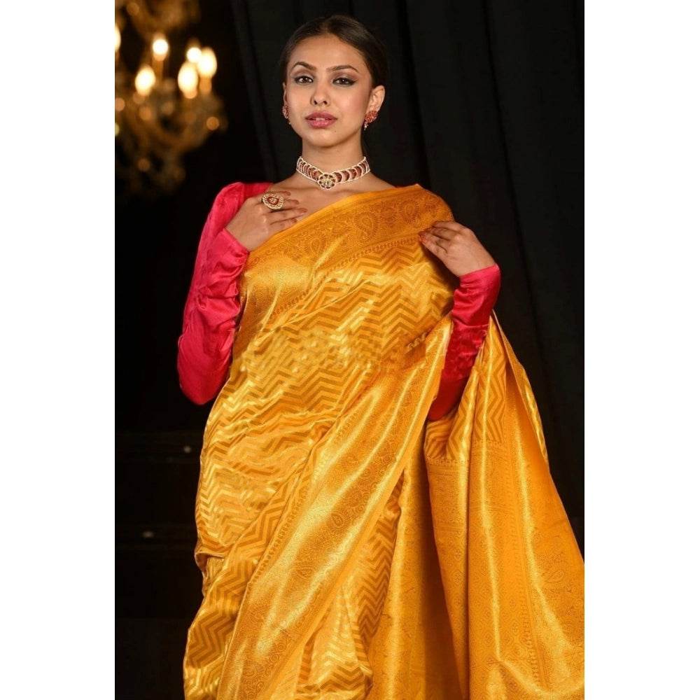 Generic Women's Soft Lichi Silk Woven Saree With Unstitched Blouse 5.5Mtr (Yellow) - MYLUXURY LANE ENTERPRISE