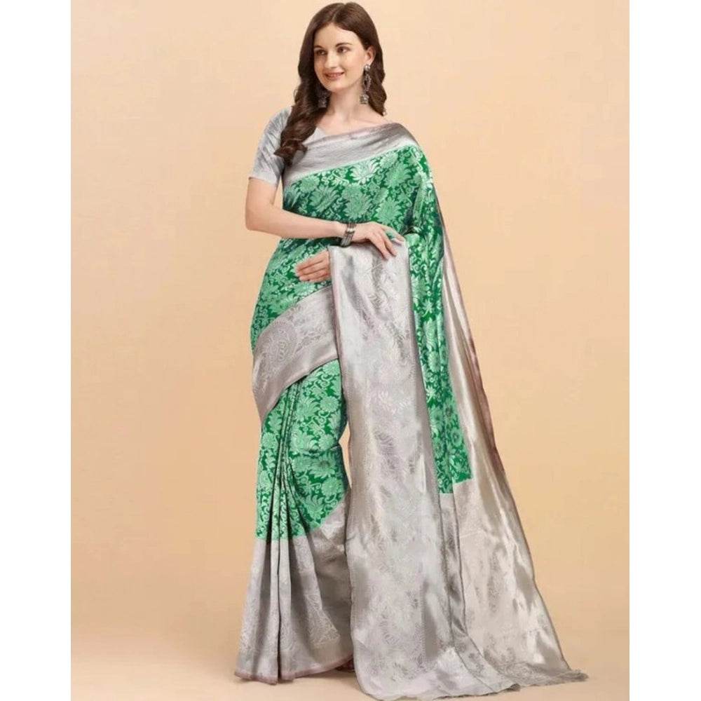 Generic Women's Soft Lichi Silk Printed Saree With Unstitched Blouse 5.5Mtr (Green) - MYLUXURY LANE ENTERPRISE
