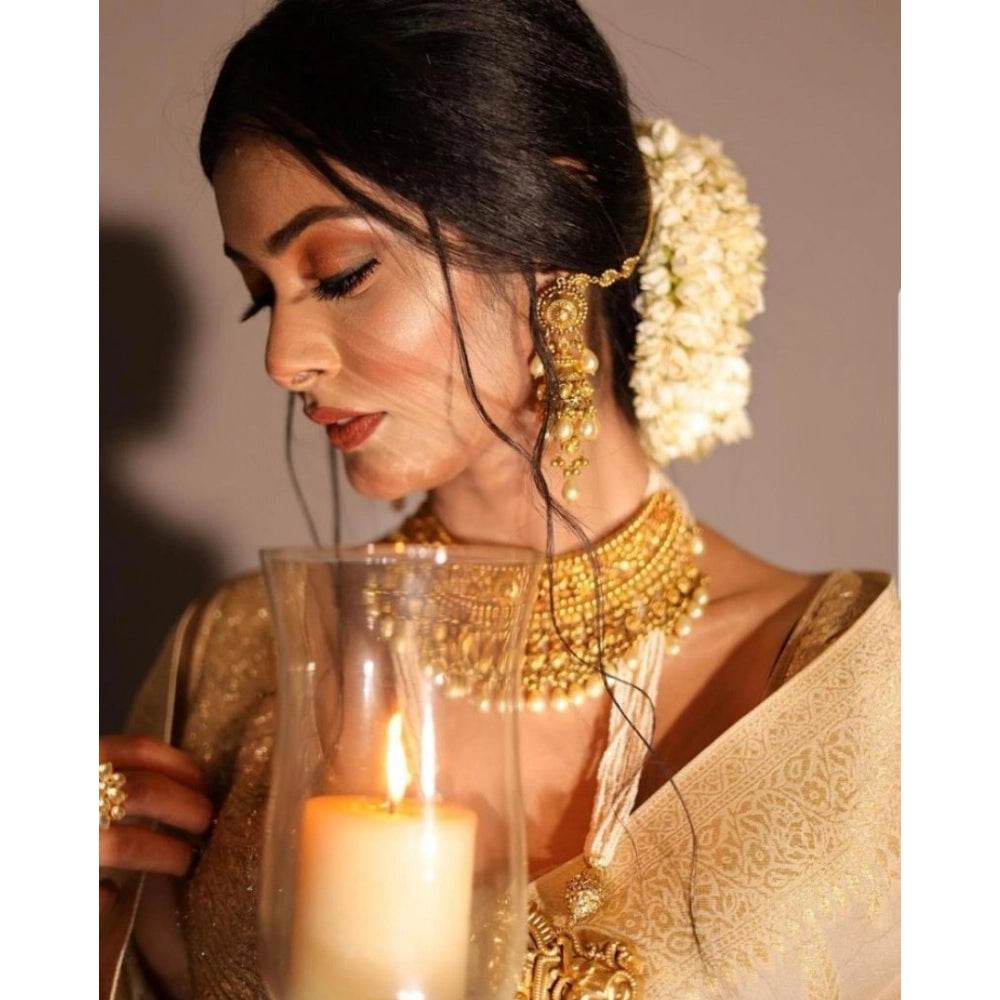 Generic Women's Soft Lichi Silk Printed Saree With Unstitched Blouse 5.5Mtr (Golden) - MYLUXURY LANE ENTERPRISE